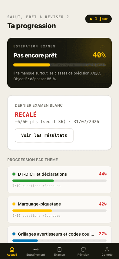 Le tableau de bord sur téléphone : estimation d'examen et progression par thème